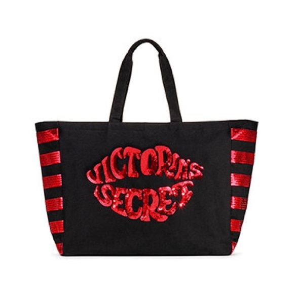VS Red Lips & Red Sequin Black Tote Beach Bag - Picture 1 of 5